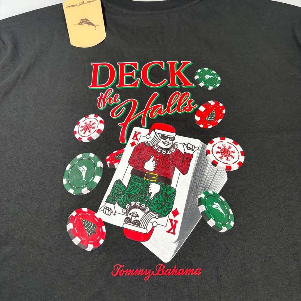 Tommy Bahama Mens XL Coal Gray T-Shirt New Deck The Halls Christmas Poker King